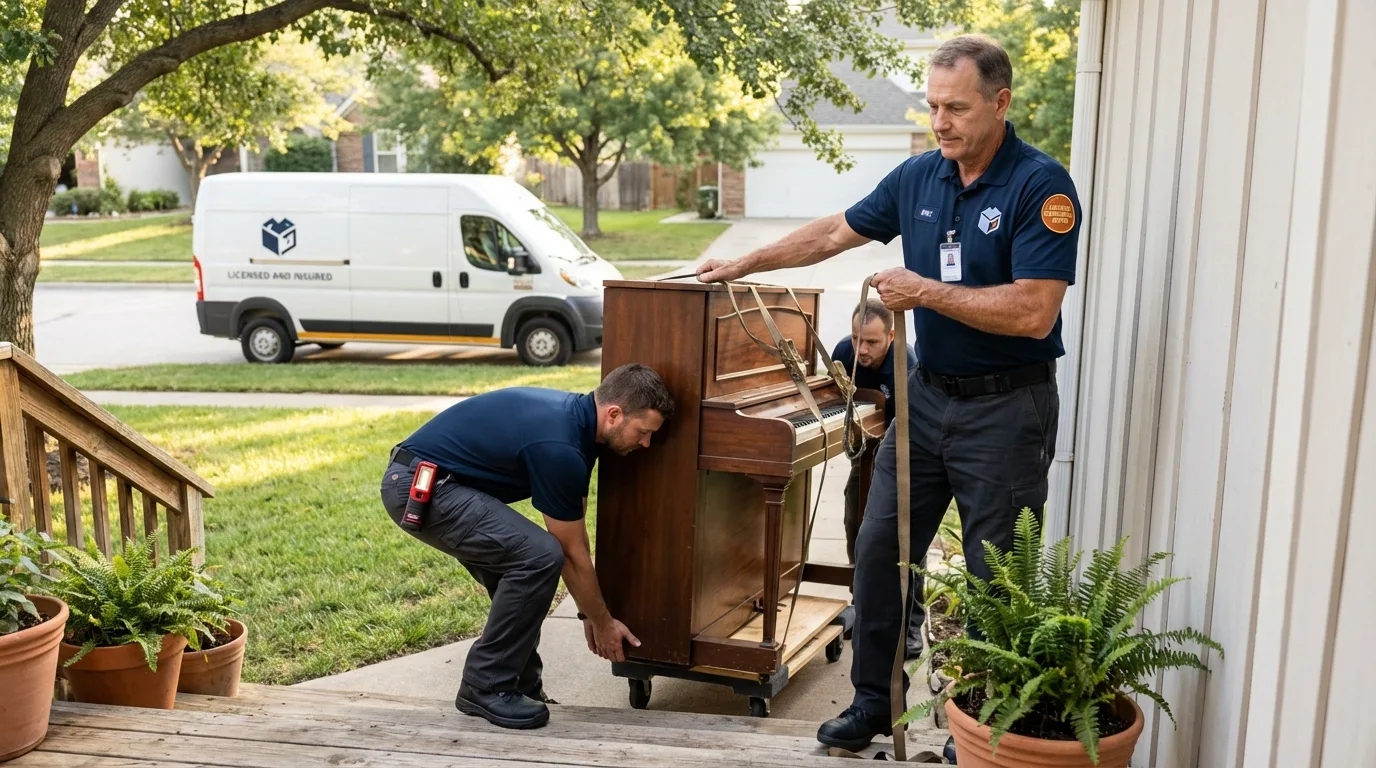 Licensed piano movers securing grand piano in Montgomery, NY