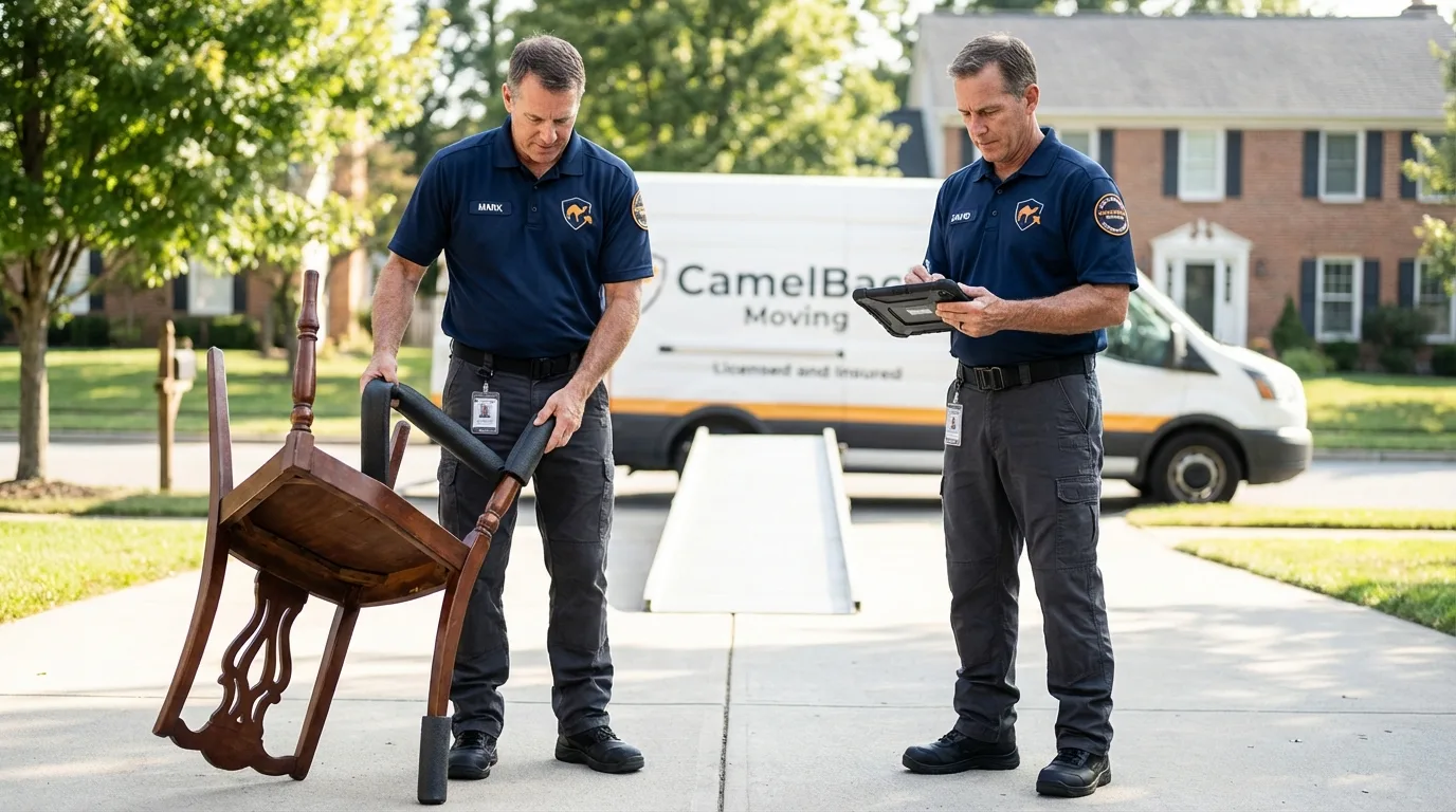 Movers inspecting furniture for damage prevention before loading in Montgomery, NY