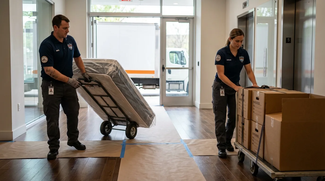 Professional apartment movers loading elevator in Montgomery, NY